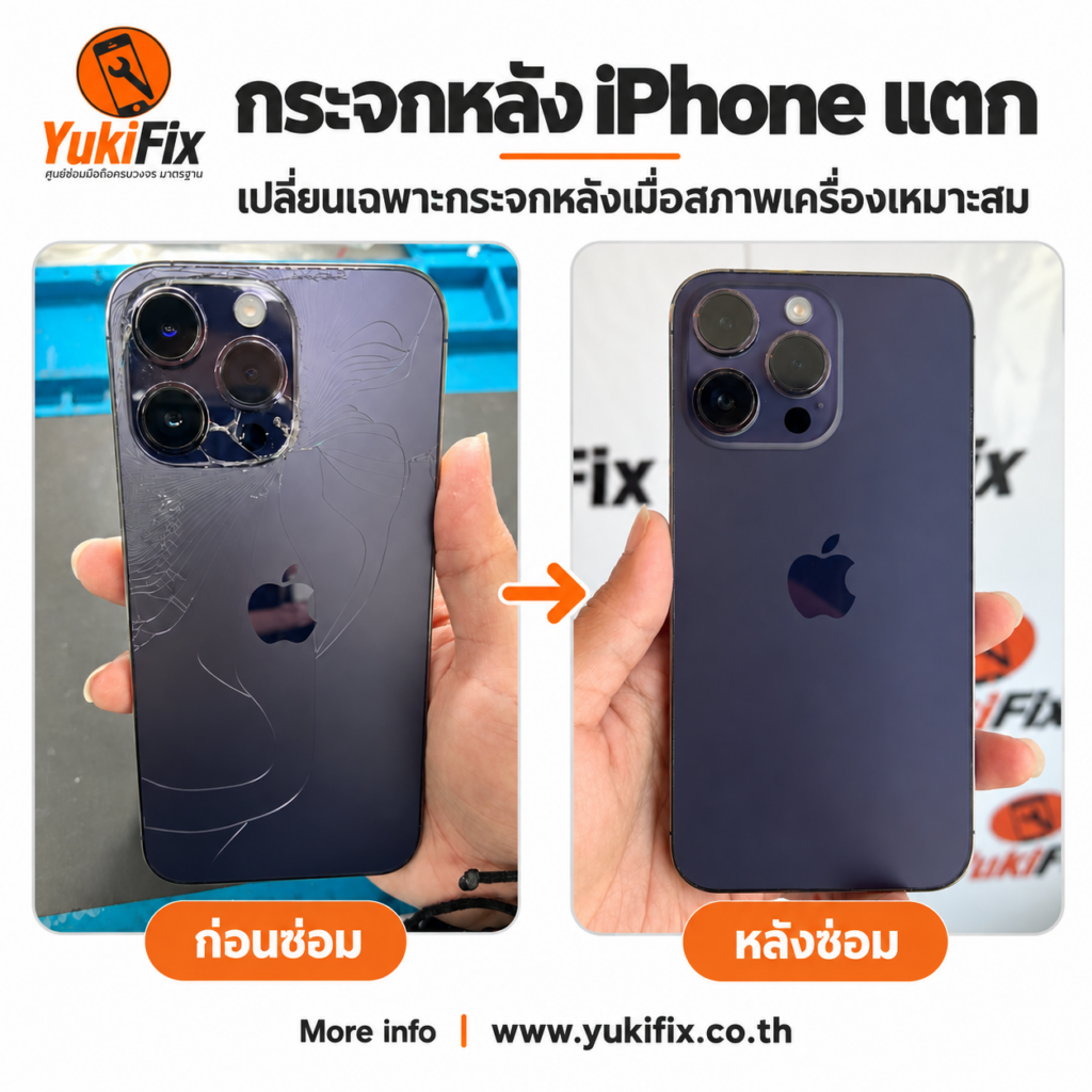 เปรียบเทียบกระจกหลัง iPhone สีม่วงที่แตกก่อนซ่อมกับกระจกหลังหลังซ่อม