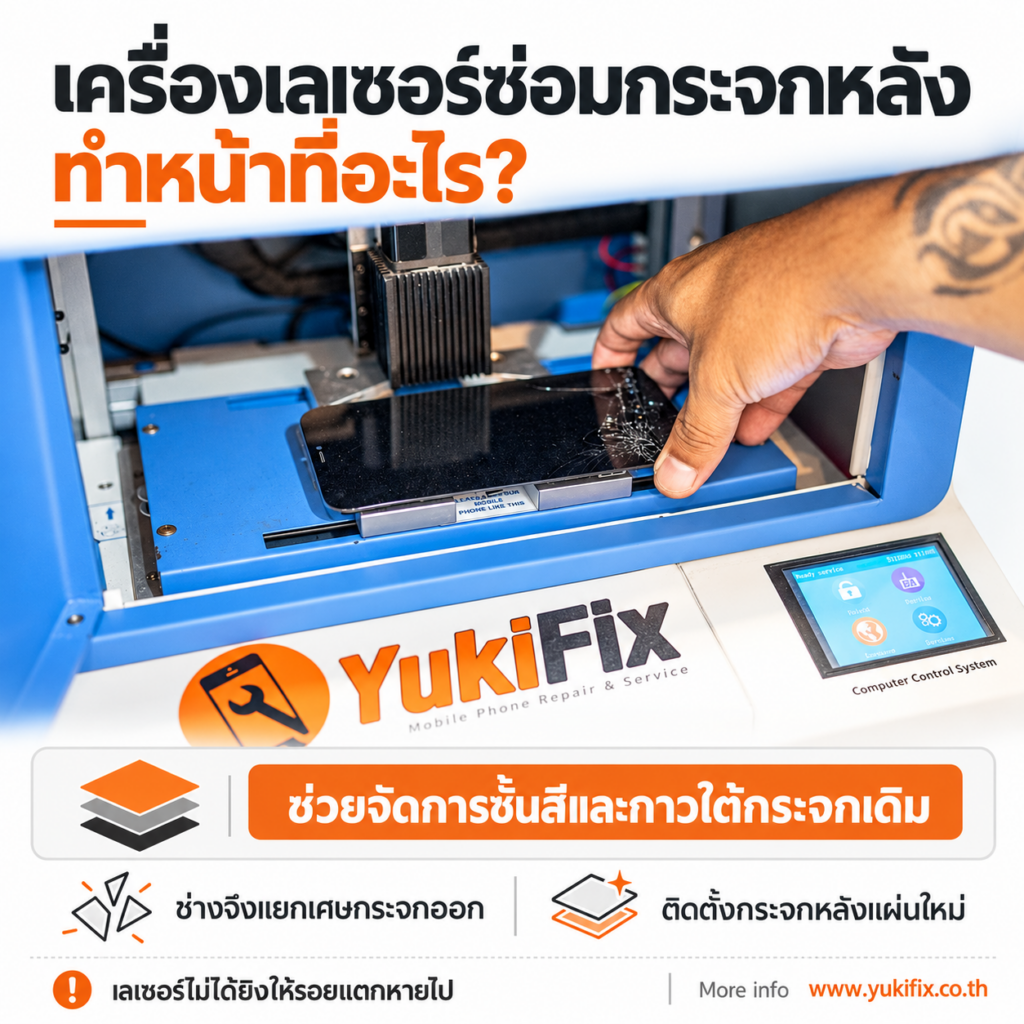 ช่างจัดวาง iPhone บนเครื่องเลเซอร์สำหรับงานซ่อมกระจกหลัง YukiFix