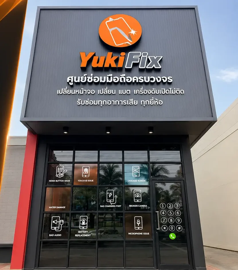 หน้าร้าน YukiFix สาขาพัทยา พร้อมป้ายและทางเข้าร้าน