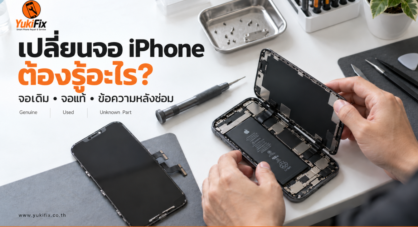 iPhone และกระจกที่ถอดออก ประกอบคู่มือจอเดิม จอแท้ และข้อความหลังเปลี่ยนจอ